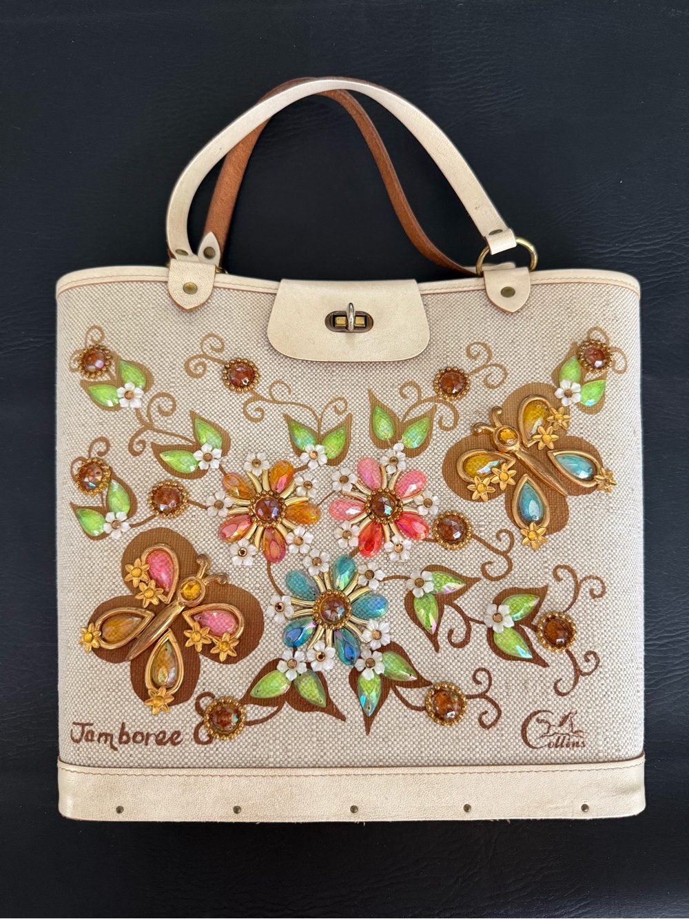 ENID COLLINS “Jamboree” Vintage Flower &  Butterfly Jewel Embellished Tote Bag